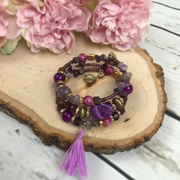 Boho Multilayer Crystal & Stone Tassel Bracelet - Picture 4 of 7